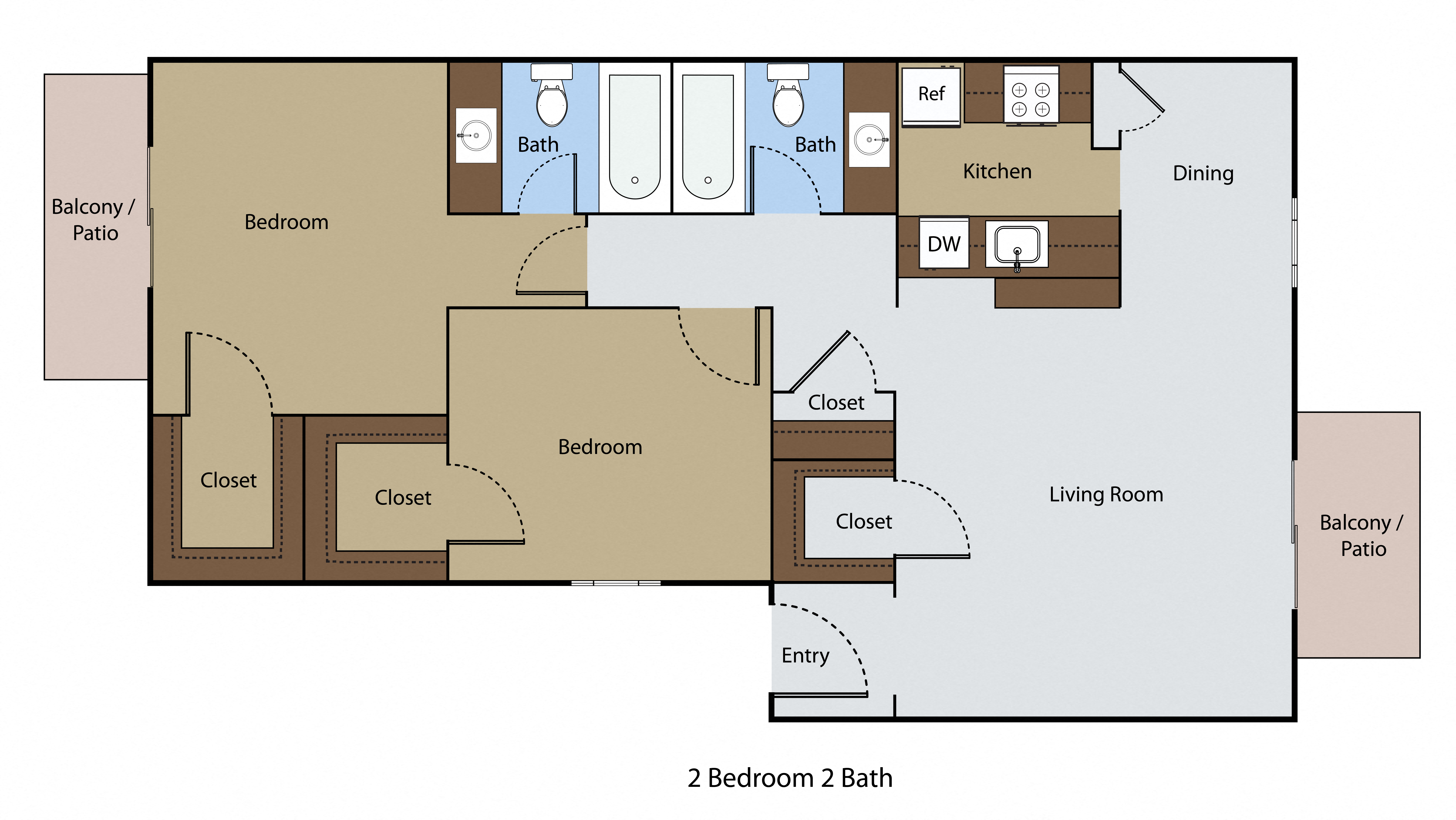 Floor plan for 2 beds, 2 baths, 965 sqft